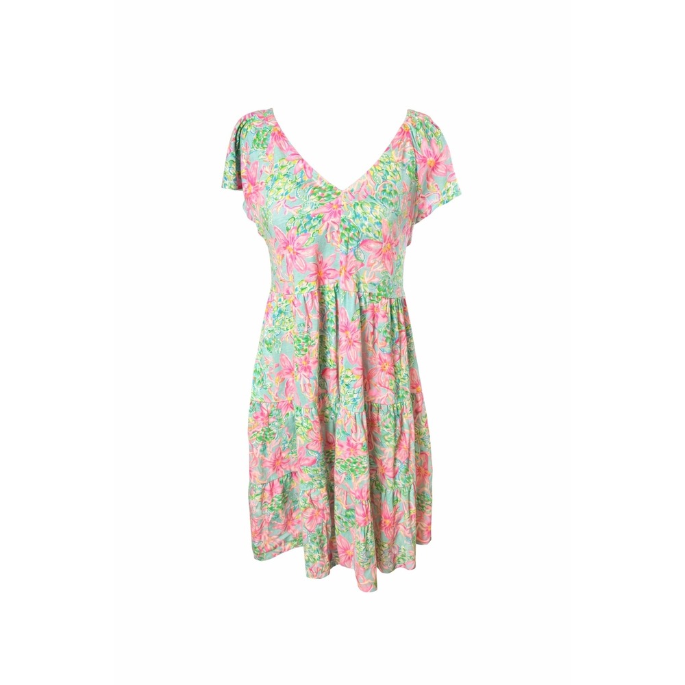 Lilly Pulitzer Pink Aqua Floral Sea Turtle Tiered Cotton Knit Dress Small
